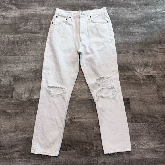 Agolde Denim - Agolde Riley High Rise Straight Crop Button Fly Veil Off White Jeans Womens 27